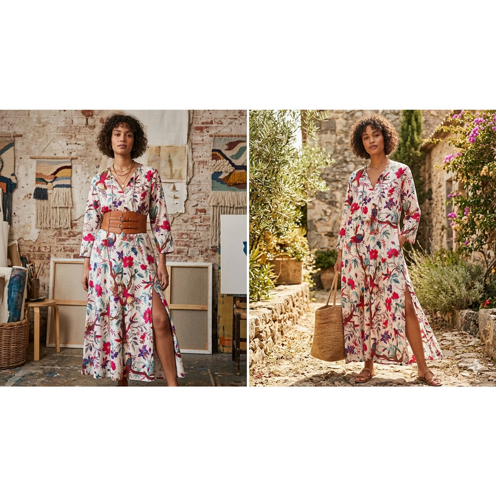 Guadalupe Floral Bird Print Cotton Maxi Dress Bohemian Whimsigoth: Split Neck L